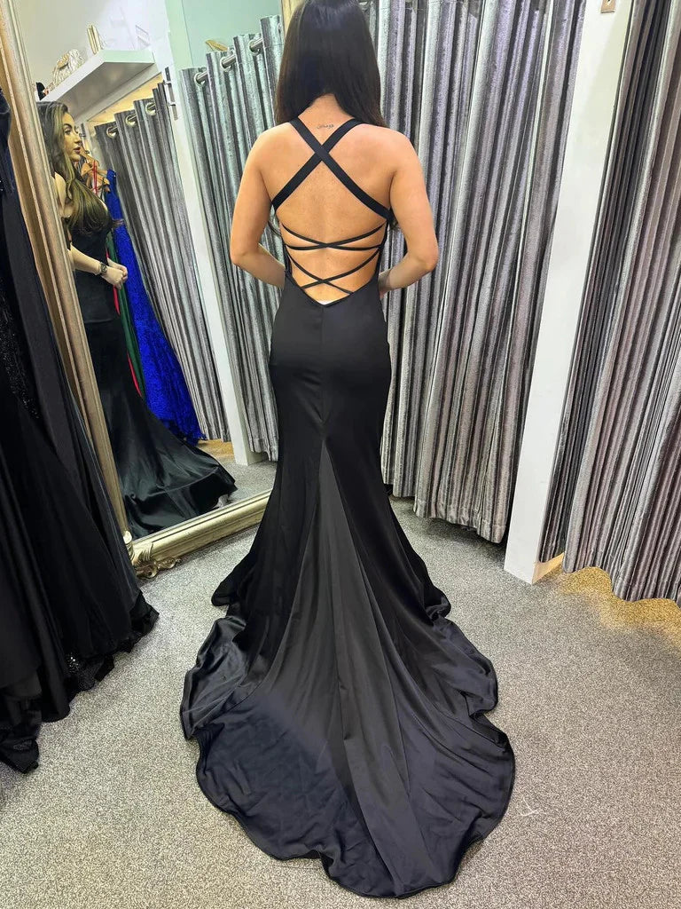 Vestidos de fiesta largos de satén negro sin espalda y sirena, vestidos de noche formales con cola